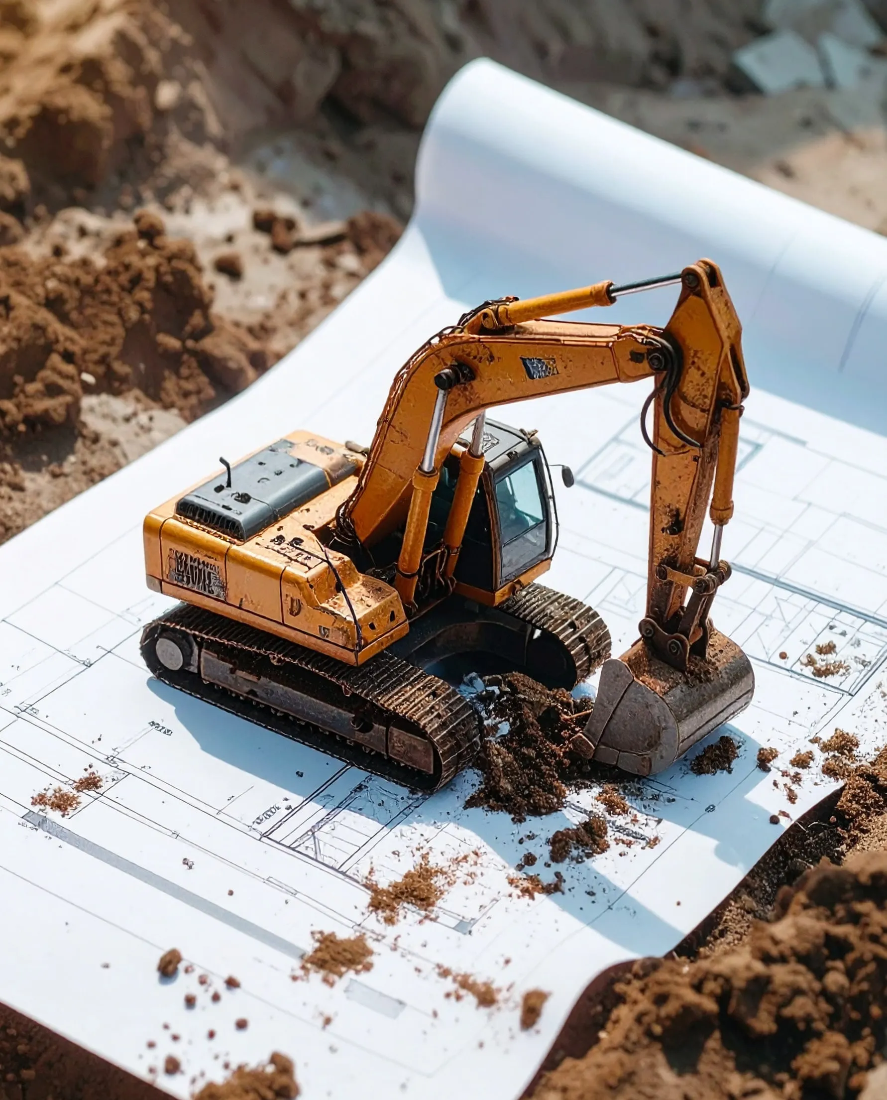 A model excavator digging into a pile of earth on an unrolled working drawing