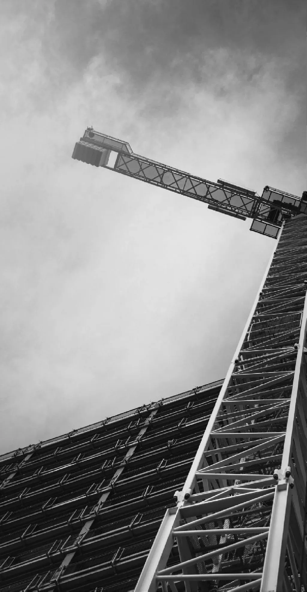 A tower crane against a heavy sky, above a facade being assembled
